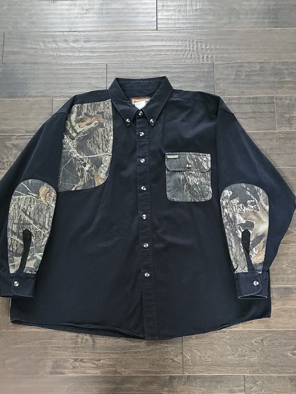 Vintage Remington Black Button-Down LS Shirt w/ Mossy Oak Break-Up Camo Sz XXL
